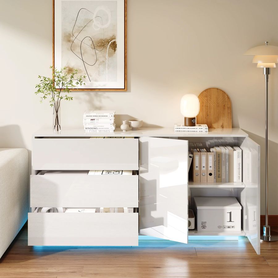 Rosahqnda Modernes Hochglanz-Sideboard in Schwarz mit LED, Schubladen und Türen im nordisch-minimalistischen Design - Bild 2