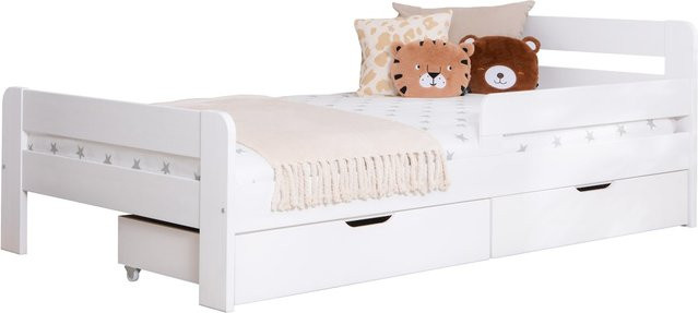 TiCAA Kinderbett Bennet aus Kiefer Massivholz mit Schubkasten und Rausfallschutz, Weiß - Bild 1