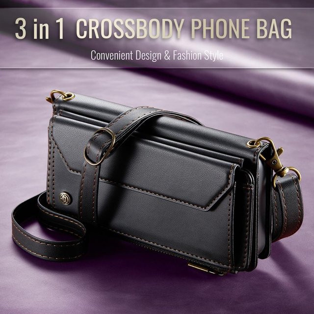 Samsung Crossbody Lanyard Handyhülle mit Reißverschluss und Kartenfach für Galaxy Z Fold 8 Ultra 7 6 5 4 3 und Flip in Schwarz - Bild 1
