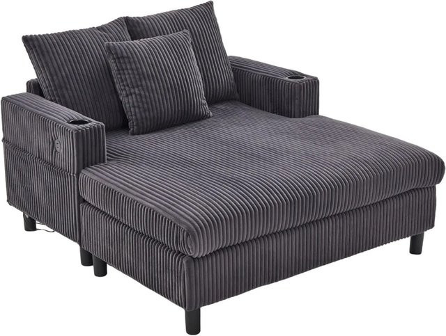 PXloue Schlafsessel Relaxsessel aus Corduroy in Grau mit LED, USB-Anschluss und Getränkehalter sowie Massivholzrahmen, B/T/H: 142 x 85 x 43 cm - Bild 1