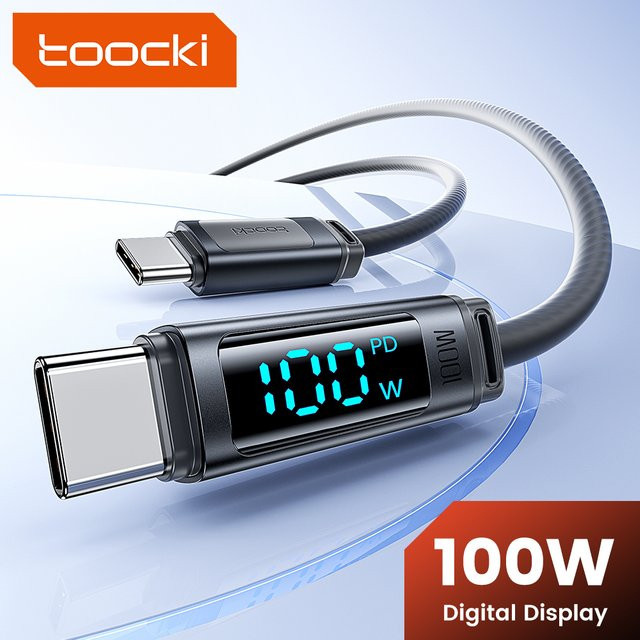 TOOCKI 100W USB-C-auf-USB-C-Ladekabel mit LED-Digitalanzeige in Schwarz - Bild 1