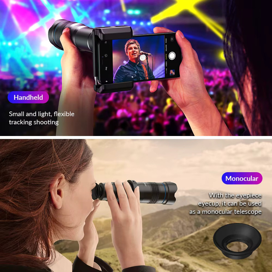 APEXEL 4K 36X Monokulares Teleskop Zoom Teleobjektiv für dein Smartphone mit Metall Halterung und Stativ in Schwarz - Bild 4