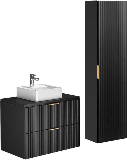 Vente-unique Badmöbel-Set Zevara in Schwarz Matt mit Waschtisch, Waschbecken und Hochschrank im Art-déco-Stil, Breite: 80 cm - Bild 1