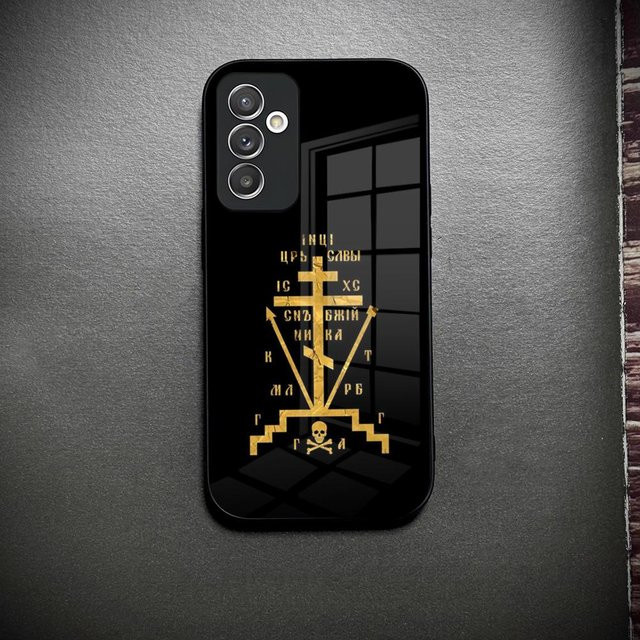 Handyhülle aus Glas mit Orthodoxes Kreuz I-Icon für Samsung Galaxy S26 S25 S24 S23 S22 S21 S20 Ultra Plus A34 A15 A14 in Schwarz - Bild 1