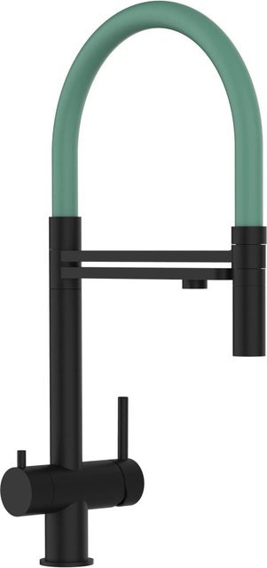VIZIO 3-Wege Küchenarmatur aus Edelstahl mit 360 Grad schwenkbarem Auslauf und abnehmbarer 2-Strahl Handbrause in Schwarz Matt und Türkis - Bild 1