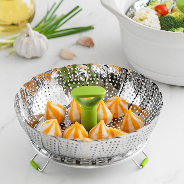 Faltbares Lotus Dampf-Tablett aus Edelstahl in Silber, 22,86 cm Durchmesser, als Dampfgarer-Einsatz und Abtropfkörbchen für die Küche - Bild 1