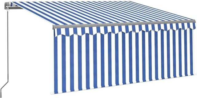 vidaXL Markise manuell einziehbar mit LED-Beleuchtung und Rollo, B: 300 cm, H: 250 cm, Farbe: Blau und Weiß - Bild 1