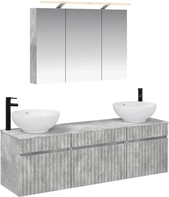 vidaXL Badezimmerschrank-Set 4-teilig in Betongrau, modernes Design mit Waschtischunterschrank, Spiegelschrank, LED-Beleuchtung und Wandmontage - Bild 1