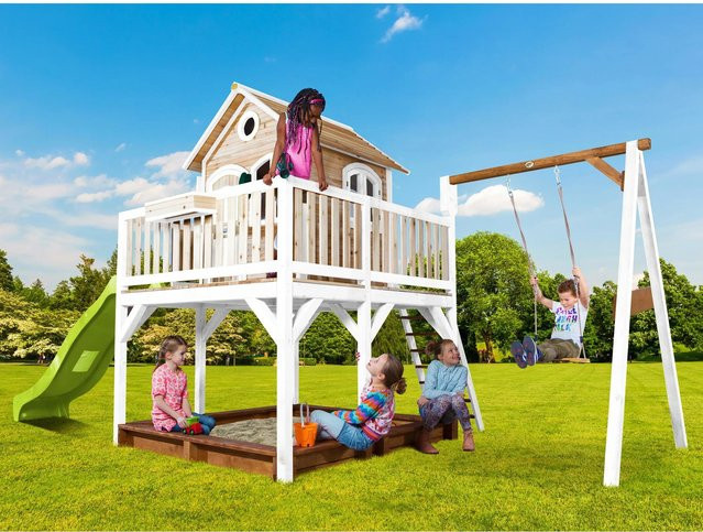 Axi Spielturm Liam aus Holz in Braun, Weiß und Lindgrün mit Einzelschaukel und Rutsche, B/H/T: 541 x 291 x 277 cm - Bild 1