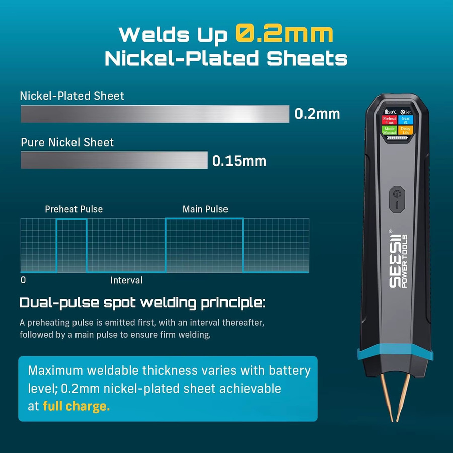 SEESII Tragbares Punktschweißgerät in Schwarz mit visuellem Display und 80/99 einstellbaren Gängen für Lithiumbatterien - Bild 4