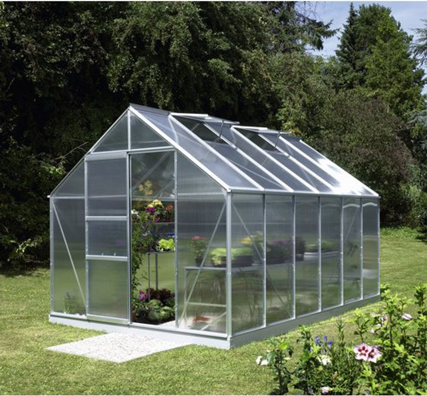 Vitavia Gewächshaus Merkur mit 9,9 m² Fläche, silberfarbenes Aluminium, Polycarbonat-Platten, Schiebetür und 2 Dachfenstern - Bild 4