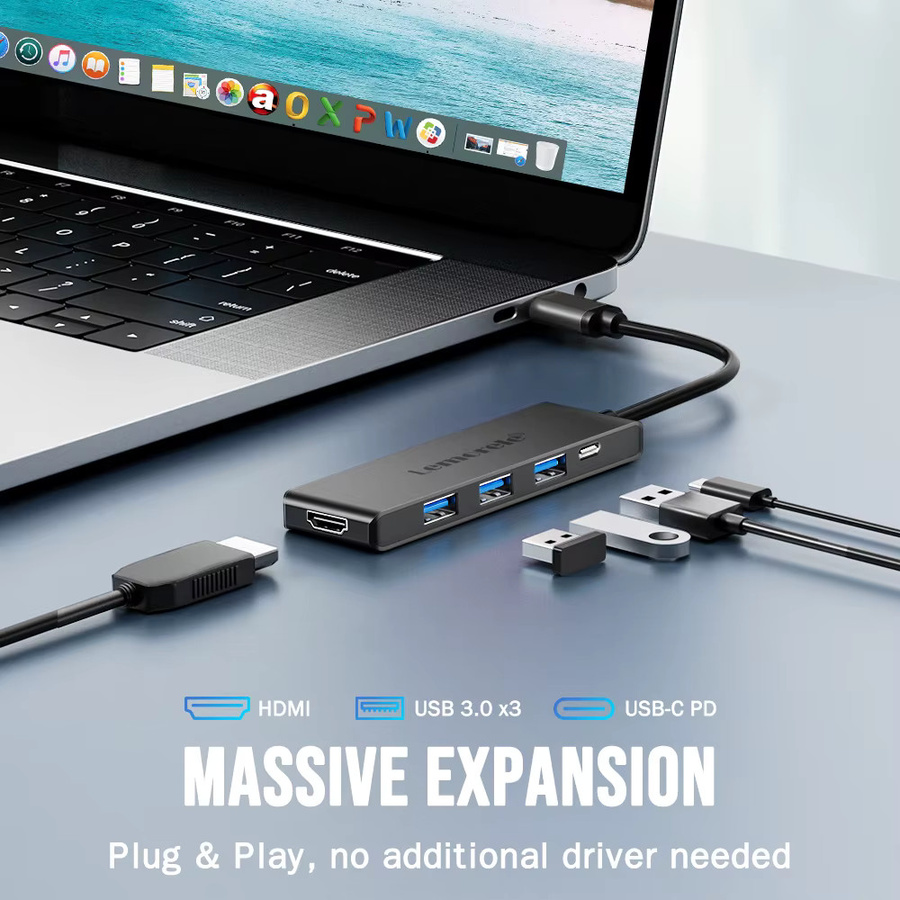 Lemorele 5-Port USB-C Laptop-Dockingstation in Grau mit 4K HDMI-Anschluss und PD-Ladefunktion - Bild 2