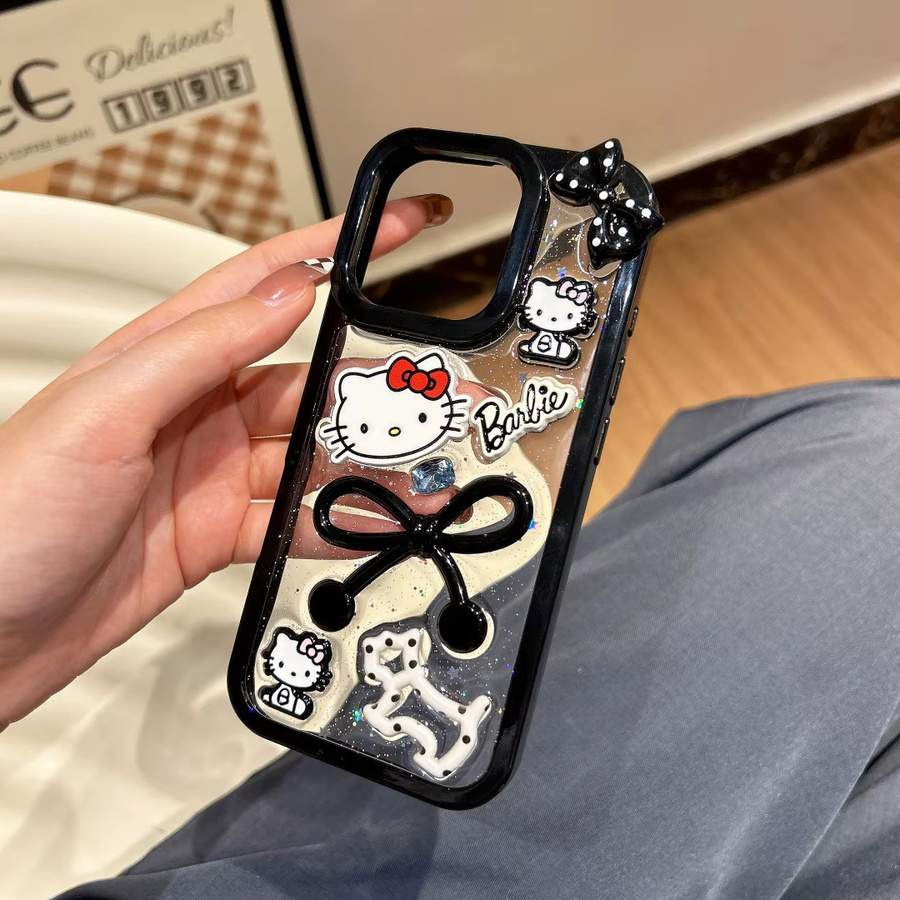 Sanrio Hello Kitty Handyhülle mit Cartoon-Glitzerpulver und Schleife für iPhone 17 16 15 14 Pro Max 13 in Schwarz - Bild 3