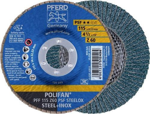 PFERD POLIFAN PSF STEELOX Fächerschleifscheibe für Stahl und Edelstahl, Farbe Blau, Durchmesser: 115 mm, Bohrungs-Ø: 22,23 mm, Körnung: 60 - Bild 1