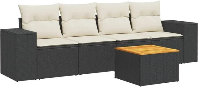 vidaXL 5-tlg. Garten-Sofagarnitur aus Poly-Rattan und Akazienholz in Schwarz mit Kissen und Stauraum - Bild 1