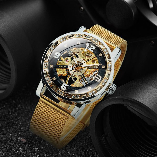 Forsining Skelett-Mechanikuhr, Handaufzug, Gold, Edelstahl, Herren - Bild 1