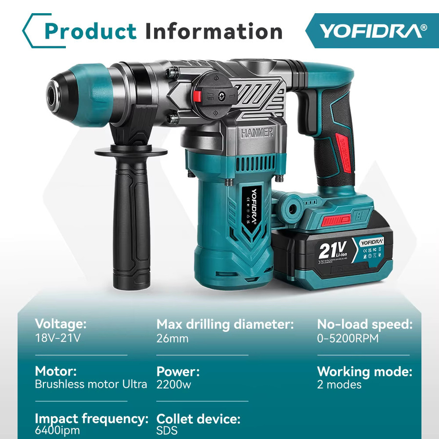 YOFIDRA 2200W Bürstenlose Schlagbohrmaschine und Multifunktions-Schraubendreher als Rotationswerkzeug für Makita 21V Akku - Bild 2
