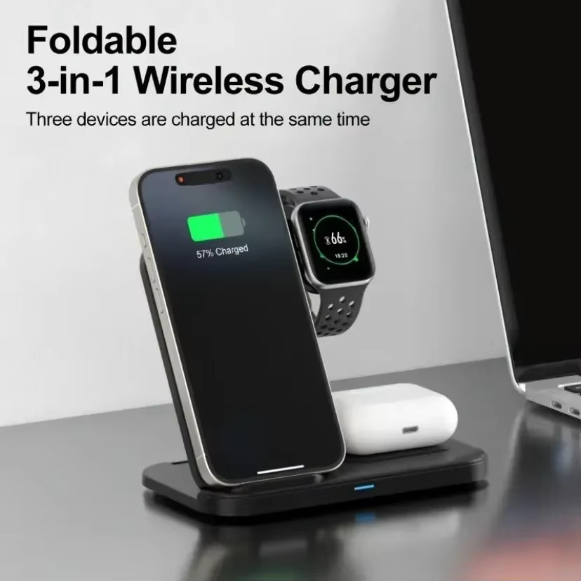 XIKCU 3-in-1 Wireless Ladegerät faltbares Schnelllade-Dock für iPhone, iWatch und AirPods in Schwarz oder Weiß - Bild 2