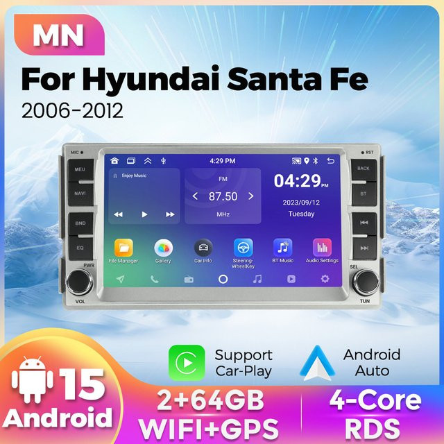Navifly Android 15 Multimedia-Player für Hyundai Santa Fe 2006-2012 mit 4-Kern Prozessor, 64GB Speicher, kabellosem Carplay, WiFi und GPS in Schwarz - Bild 1