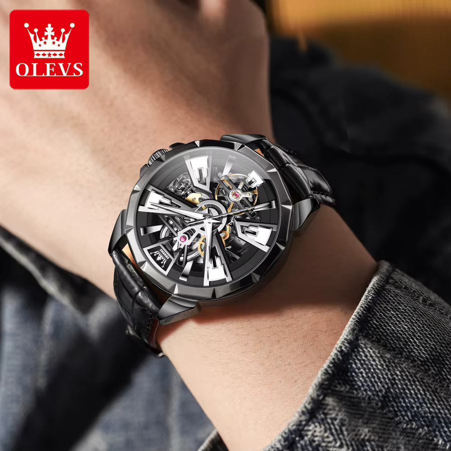 OLEVS Armbanduhr Automatik, Edelstahl, Leder, Schwarz, Herren - Bild 4