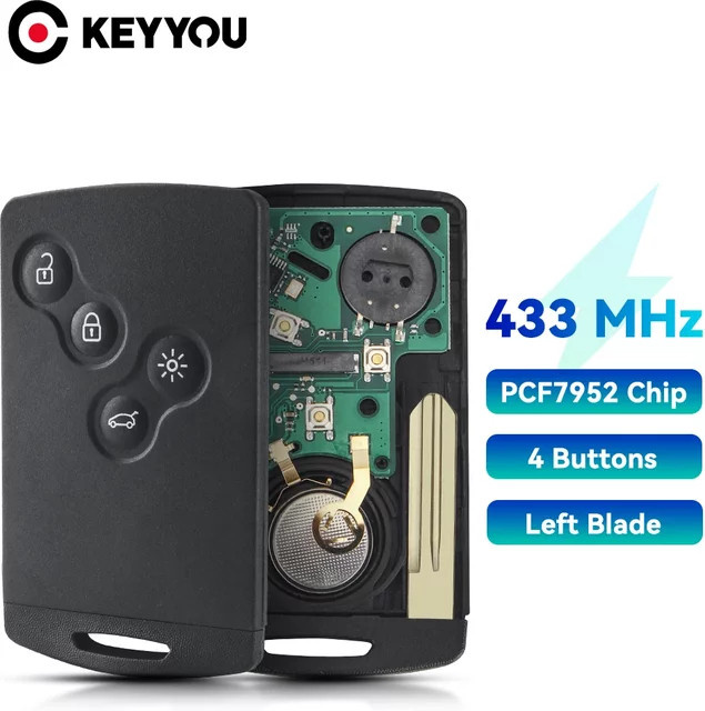 Keyyou Auto Fernbedienung Schlüsselkarte mit 4 Tasten und PCF7952 Chip, 433MHz, Schwarz, für Renault Megane III, Laguna III, Koleos und Clio (2011-2016) - Bild 1