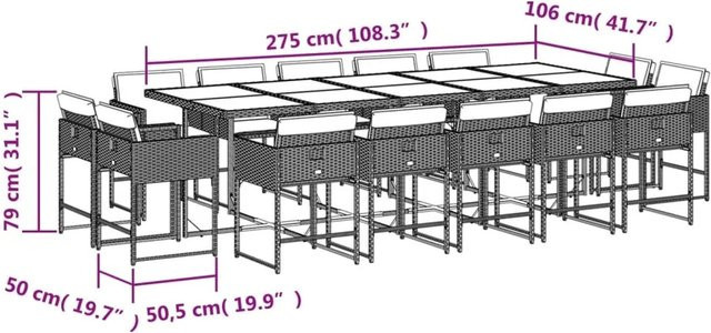 vidaXL 15-tlg. Garten-Essgruppe aus PE-Rattan mit Kissen und Hartglas, Schwarz und Cremeweiß - Bild 1