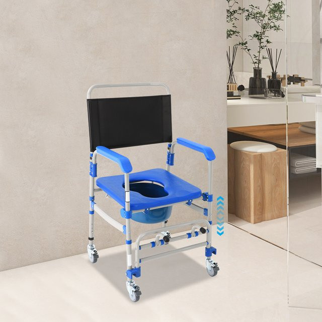 CNCEST Toilettenstuhl mit Rollen und rutschfesten Fußpedalen als Duschstuhl für Senioren aus Metall in Blau, Schwarz oder Grau - Bild 1
