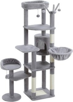 Pawz Road mehrstöckiger Kratzbaum für Katzen in Grau mit Höhle, Hängematte und integriertem Spielzeug, Höhe: 150 cm - Bild 1