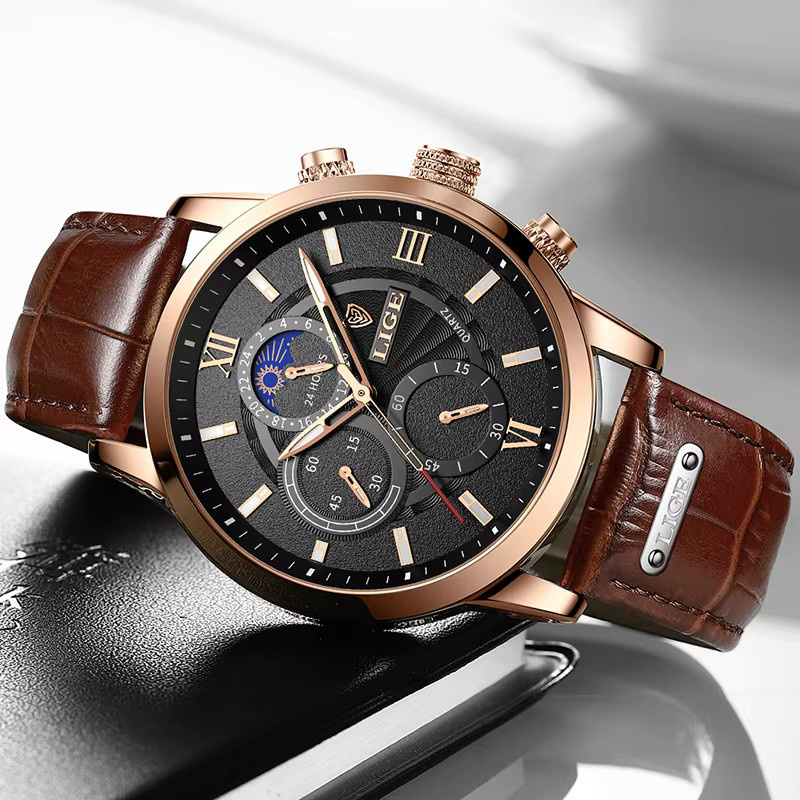 LIGE Armbanduhr Quarz, Leder, Schwarz, Herren - Bild 2