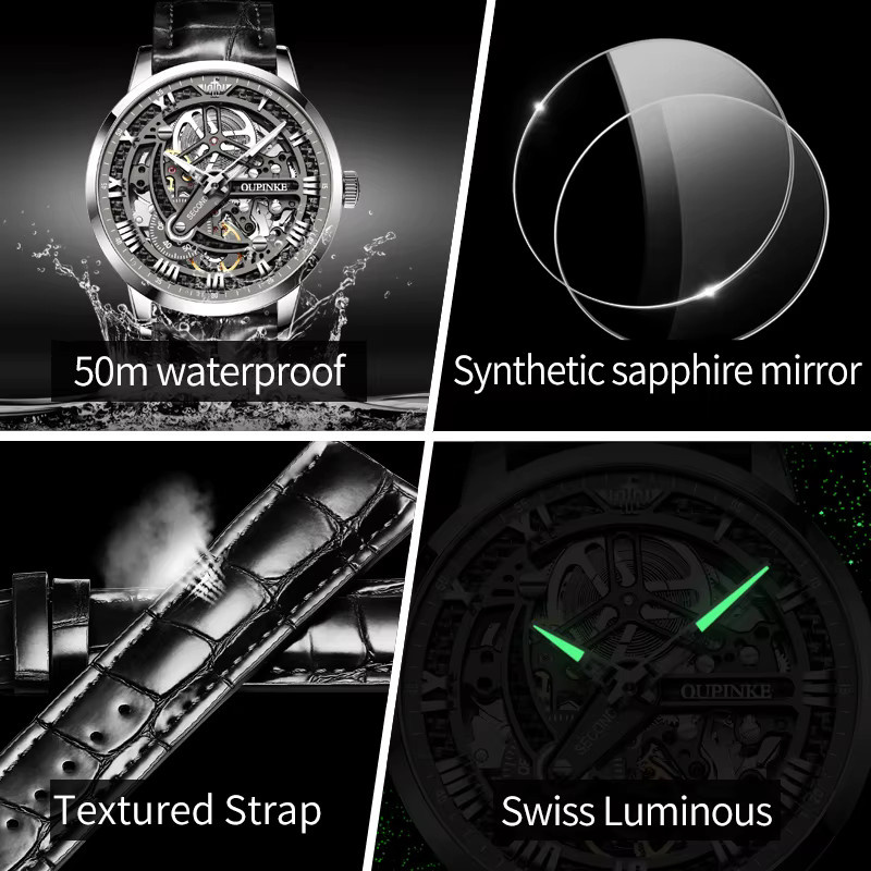 OUPINKE Armbanduhr, Automatik, Edelstahl, Leder, Schwarz, Herren - Bild 5