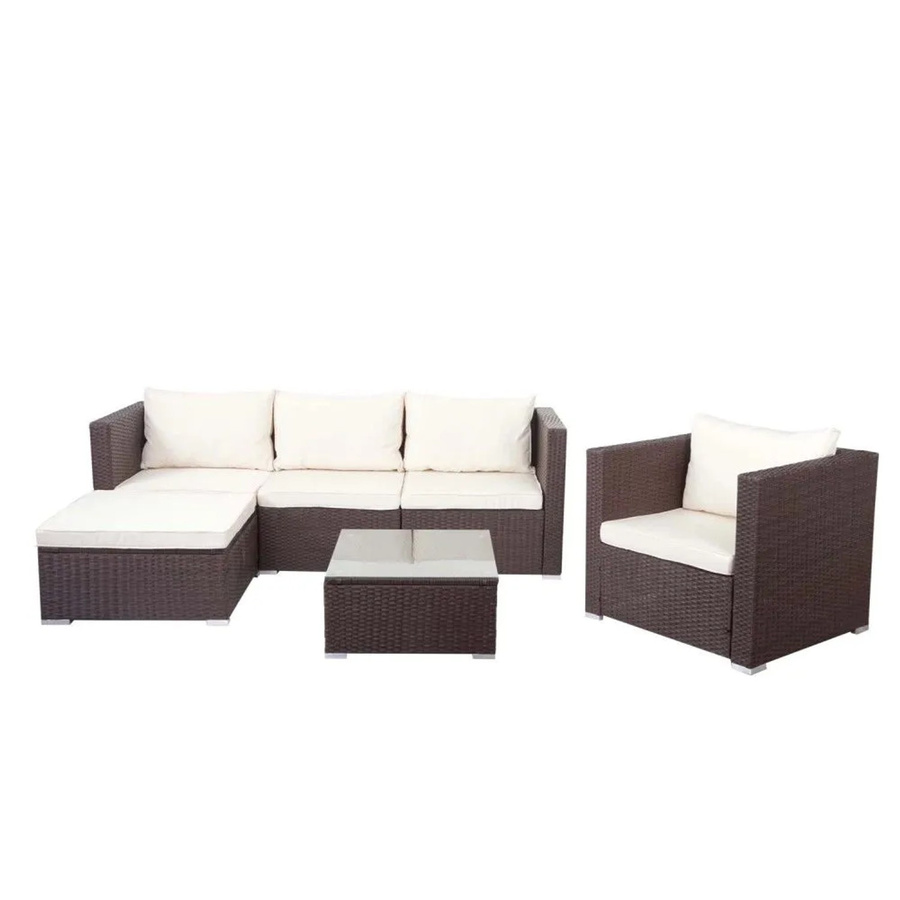 MCW Poly-Rattan-Garnitur Busto Lounge-Set in Braun mit Cremefarbenen Kissen und Tisch mit Glasplatte - Bild 2