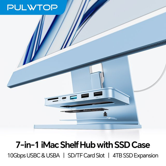 PULWTOP iMac Zubehör in Silber mit M.2 NVMe SSD Gehäuse, USB A/C 10Gbps und SD/TF Slot für iMac 24 Zoll M1/M3/M4 oder Studio Display 27 Zoll - Bild 1