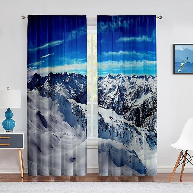 Super Six Transparenter Tüllvorhang mit Schneegipfel-Landschaftsmotiv in Blau, Breite: 100 cm, Höhe: 250 cm - Bild 1