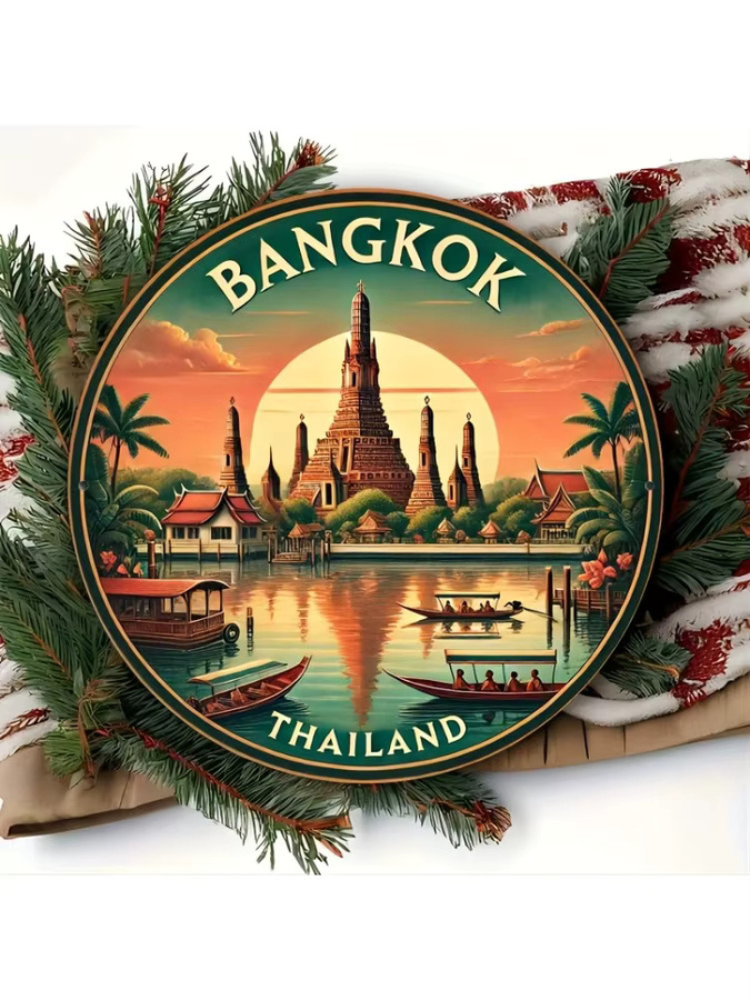 Potdemiel Vintage Bangkok Thailand Rundes Metall-Wandkunstschild aus Aluminium mit Wat Xieng Tanga Motiv, Durchmesser: 20,32 cm, Mehrfarbig - Bild 6