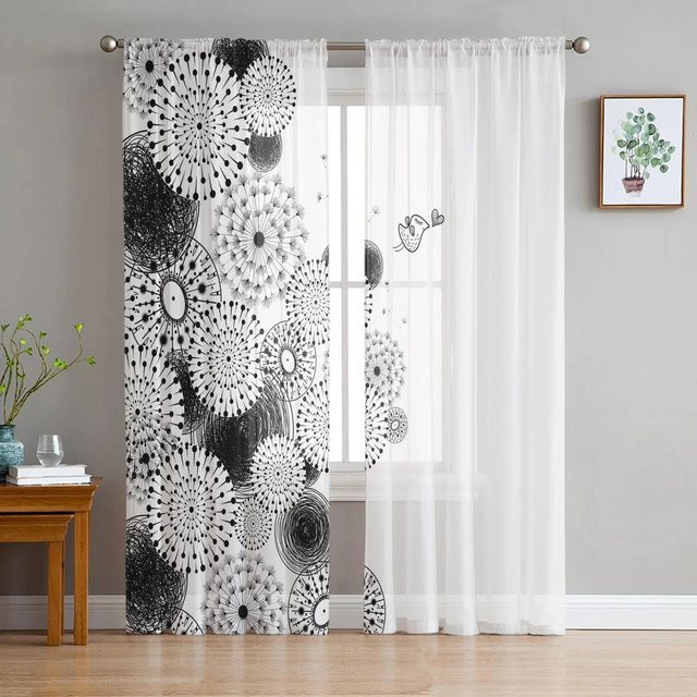 Yiran Furniture Transparente Chiffon-Vorhänge mit Löwenzahn-Libelle-Motiv, 2er-Set, Weiß, B: 135 cm, H: 274 cm - Bild 1