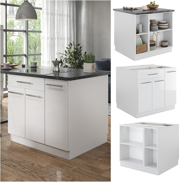 Vicco Kücheninsel Fame-Line Weiß Hochglanz mit Softclose-Scharnier Breite: 90 cm - Bild 1
