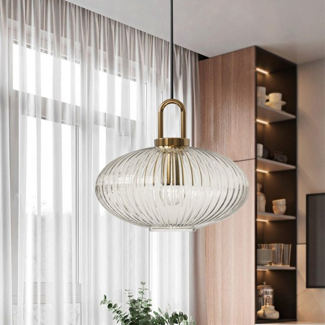 Moderne Glas Pendelleuchte CETANT in Transparent mit Messing-Details für Wohnzimmer, Schlafzimmer, Esszimmer und Küche - Bild 1