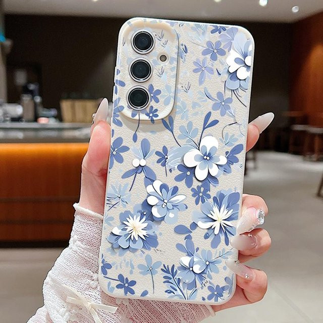 Handyhülle mit Blumenmuster in Blau für Samsung Galaxy A17 A56 A55 A36 A16 A15 5G A26 A35 A25 A54 A14 A34 A53 aus weichem Silikon - Bild 1
