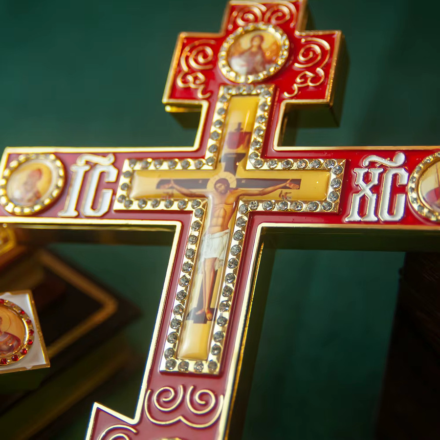 HTISOK Orthodoxes Segenskreuz mit Ständer für Kirche und Heimdekoration in Rot und Blau aus Emaille - Bild 2