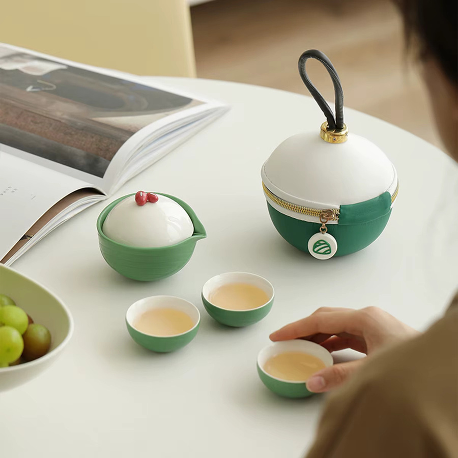 WENZHE Tragbares Reise-Tee-Set aus Keramik mit Teekanne und Infuser, Grün - Bild 3