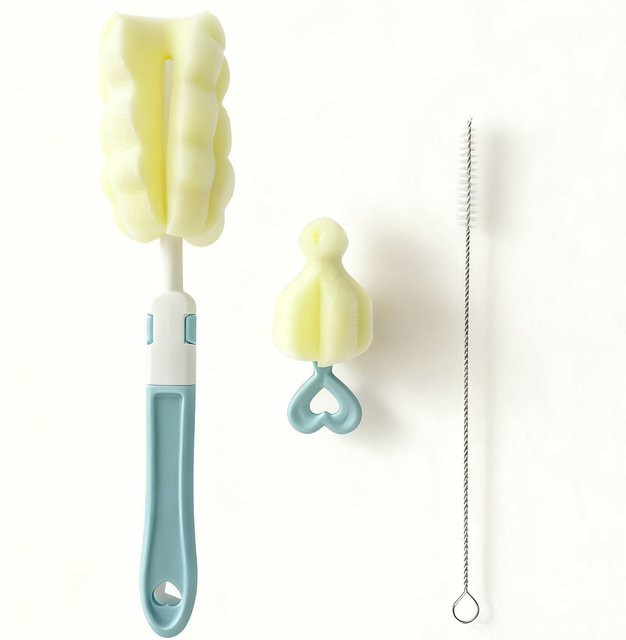 3-teiliges Flaschenreinigungsbürsten-Set in Pink und Multicolour mit langstieligem Becherreiniger, Schwamm-Nippelbürste und Dünnstrohhalmbürste aus Mikrofasern und Kunststoff - Bild 1
