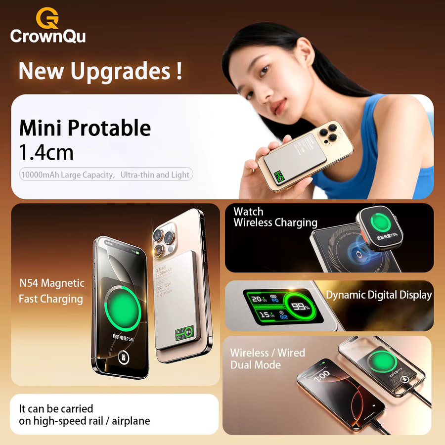 CrownQu Magnetische Kabellose Powerbank mit Qi 2.1 und USB-C Schnellladung, Externer Akku 10000mAh, Orange - Bild 3