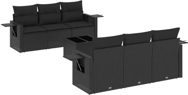 vidaXL 7-tlg. Garten-Sofagarnitur aus Poly-Rattan in Schwarz mit Kissen und Gartentisch - Bild 1