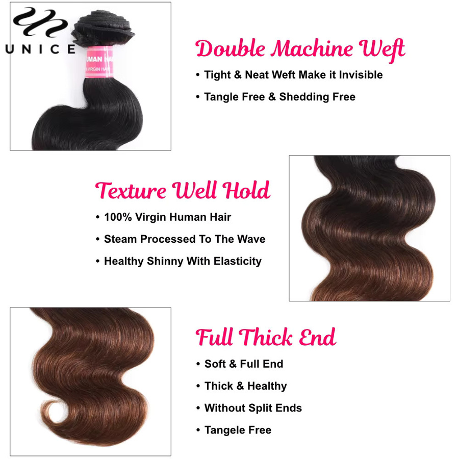 UNice Hair Body Wave Bundles, Chestnut Brown Ombre, Echthaar-Bündel - Bild 2