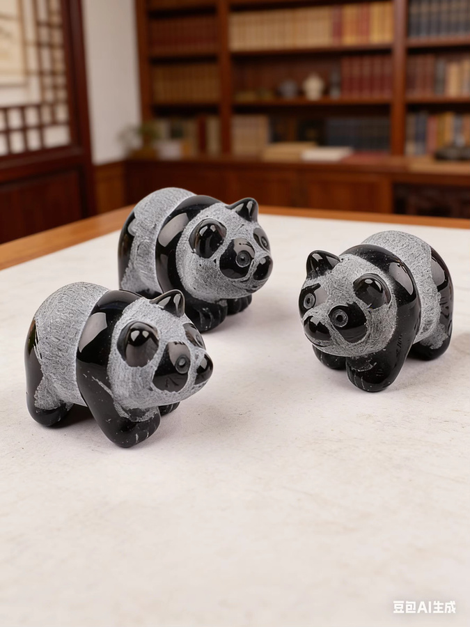 Handgeschnitzte Obsidian-Panda-Skulptur von RYCRYSTAL in Schwarz als dekorative Kristall-Tierfigur für dein Zuhause - Bild 3