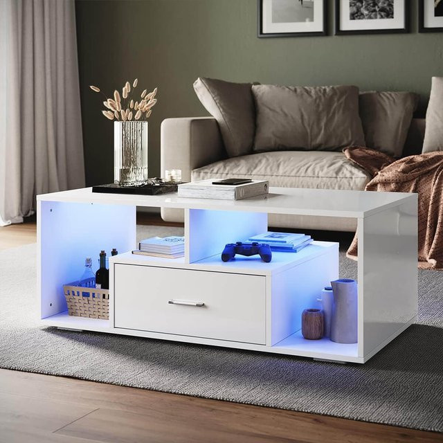 SONNI Couchtisch in Weiß mit Hochglanzfront, LED-Beleuchtung in 12 Farben und Ablagefach, B/T/H: 100 x 55 x 40 cm - Bild 1