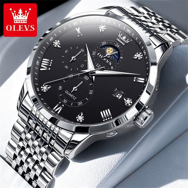 OLEVS Armbanduhr Chronograph, Quarz, Edelstahl, Schwarz, Herren - Bild 1