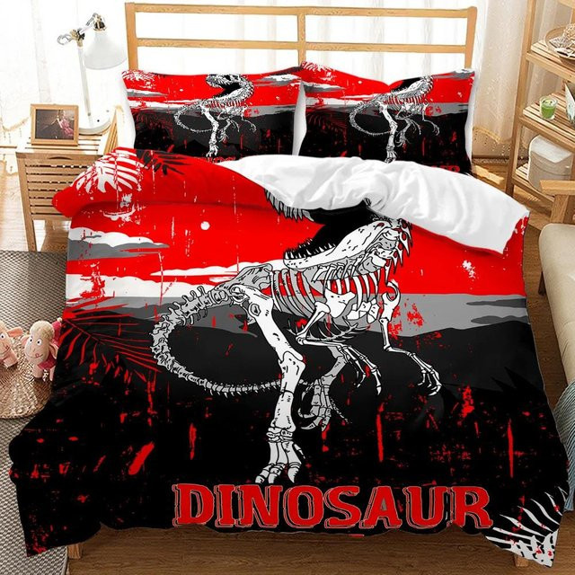 Dinosaurier Bettwäsche Set mit T-Rex und Fossilien Motiv von Your Warm Home, Farbe Rot, Material Polyester, 2-teilig, Breite: 133 cm - Bild 1