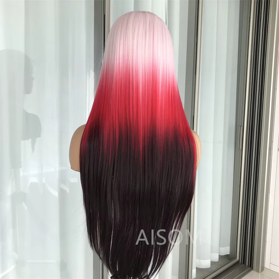 AISOM Lace-Front-Perücke, rosa rot, lang, gerade, synthetisch, Damen - Bild 4