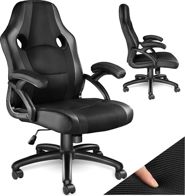 tectake Racing Bürostuhl in Schwarz mit Kunstlederbezug, Mesh-Gewebe und Streifenmuster, ergonomisch und höhenverstellbar - Bild 1